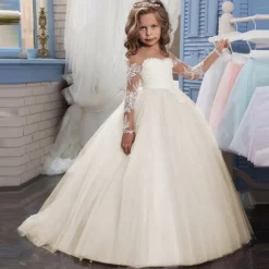 Flower Girl Dress Girls' Princess Dress First Communion Dress Party Dress Performance Wedding Party Princess Sweet Mesh Solid Color Long Sleeve Crew Neck White Ivory 2-12 Years