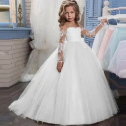 Flower Girl Dress Girls' Princess Dress First Communion Dress Party Dress Performance Wedding Party Princess Sweet Mesh Solid Color Long Sleeve Crew Neck White Ivory 2-12 Years