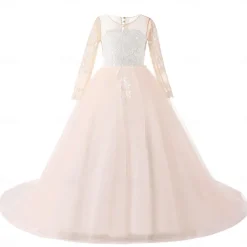 Flower Girl Dress Girls' Princess Dress First Communion Dress Party Dress Performance Wedding Party Princess Sweet Mesh Solid Color Long Sleeve Crew Neck White Ivory 2-12 Years