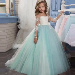 Flower Girl Dress Girls' Princess Dress First Communion Dress Party Dress Performance Wedding Party Princess Sweet Mesh Solid Color Long Sleeve Crew Neck White Ivory 2-12 Years