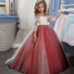 Flower Girl Dress Girls' Princess Dress First Communion Dress Party Dress Performance Wedding Party Princess Sweet Mesh Solid Color Long Sleeve Crew Neck White Ivory 2-12 Years