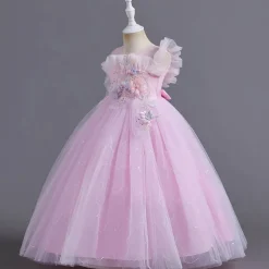 Flower Girl Dress Kid's Girls' Princess Dress Performance Wedding Party Elegant Beautiful Mesh Solid Color Sleeveless Crew Neck Pink Blue 4 years+