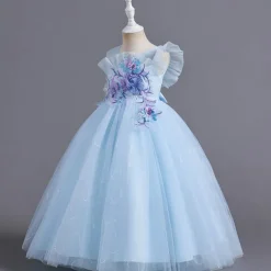 Flower Girl Dress Kid's Girls' Princess Dress Performance Wedding Party Elegant Beautiful Mesh Solid Color Sleeveless Crew Neck Pink Blue 4 years+