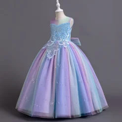Flower Girl Dress Kid's Girls' Princess Dress Performance Wedding Party Elegant Beautiful Sequins Mesh Rainbow Sleeveless Crew Neck Pink Blue 4 years+