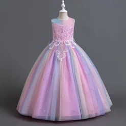 Flower Girl Dress Kid's Girls' Princess Dress Performance Wedding Party Elegant Beautiful Sequins Mesh Rainbow Sleeveless Crew Neck Pink Blue 4 years+