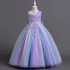 Flower Girl Dress Kid's Girls' Princess Dress Performance Wedding Party Elegant Beautiful Sequins Mesh Rainbow Sleeveless Crew Neck Pink Blue 4 years+