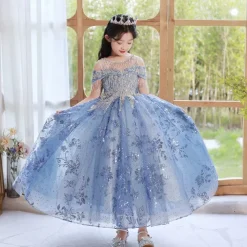 Flower Girl Dress Kid's Girls' Princess Dress Performance Wedding Party Elegant Beautiful Sequins Mesh Solid Color Sleeveless Crew Neck Champagne Blue 4 years+