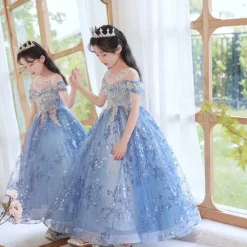 Flower Girl Dress Kid's Girls' Princess Dress Performance Wedding Party Elegant Beautiful Sequins Mesh Solid Color Sleeveless Crew Neck Champagne Blue 4 years+