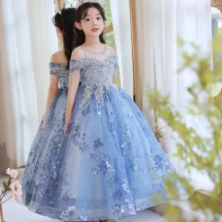 Flower Girl Dress Kid's Girls' Princess Dress Performance Wedding Party Elegant Beautiful Sequins Mesh Solid Color Sleeveless Crew Neck Champagne Blue 4 years+