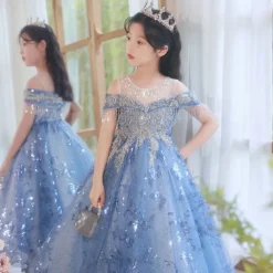 Flower Girl Dress Kid's Girls' Princess Dress Performance Wedding Party Elegant Beautiful Sequins Mesh Solid Color Sleeveless Crew Neck Champagne Blue 4 years+