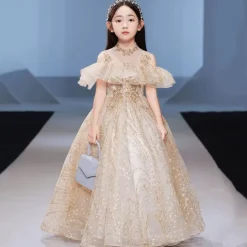 Flower Girl Dress Kid's Girls' Princess Dress Performance Wedding Party Elegant Beautiful Sequins Mesh Solid Color Sleeveless Crew Neck Champagne Blue 4 years+