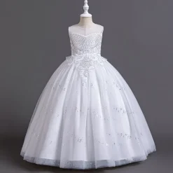 Flower Girl Dress Kid's Girls' Princess Dress Performance Wedding Party Elegant Beautiful Sequins Mesh Solid Color Sleeveless Crew Neck White Champagne 4 years+