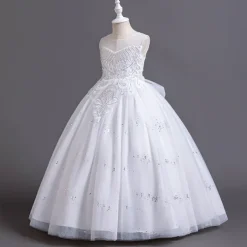 Flower Girl Dress Kid's Girls' Princess Dress Performance Wedding Party Elegant Beautiful Sequins Mesh Solid Color Sleeveless Crew Neck White Champagne 4 years+