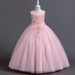 Flower Girl Dress Kid's Girls' Princess Dress Performance Wedding Party Elegant Beautiful Sequins Mesh Solid Color Sleeveless Crew Neck White Champagne 4 years+