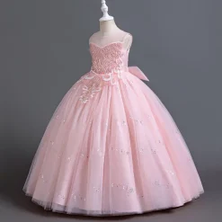 Flower Girl Dress Kid's Girls' Princess Dress Performance Wedding Party Elegant Beautiful Sequins Mesh Solid Color Sleeveless Crew Neck White Champagne 4 years+