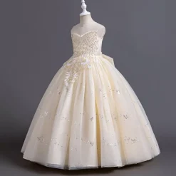 Flower Girl Dress Kid's Girls' Princess Dress Performance Wedding Party Elegant Beautiful Sequins Mesh Solid Color Sleeveless Crew Neck White Champagne 4 years+