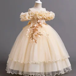 Flower Girl Dress Kid's Girls' Princess Dress Performance Wedding Party Elegant Beautiful Mesh Solid Color Sleeveless Crew Neck White Champagne 4 years+