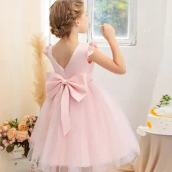 Flower Girl Dress Kid's Girls' Princess Dress Performance Wedding Party Elegant Beautiful Mesh Solid Color Sleeveless Crew Neck Light Pink Grey 4 years+