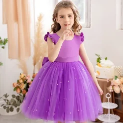 Flower Girl Dress Kid's Girls' Princess Dress Performance Wedding Party Elegant Beautiful Mesh Solid Color Sleeveless Crew Neck Light Pink Grey 4 years+