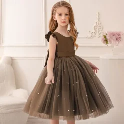 Flower Girl Dress Kid's Girls' Princess Dress Performance Wedding Party Elegant Beautiful Mesh Solid Color Sleeveless Crew Neck Light Pink Grey 4 years+