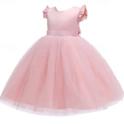 Flower Girl Dress Kid's Girls' Princess Dress Performance Wedding Party Elegant Beautiful Mesh Solid Color Sleeveless Crew Neck Light Pink Grey 4 years+