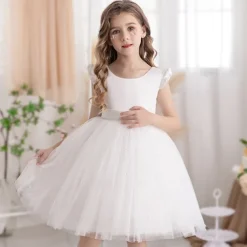 Flower Girl Dress Kid's Girls' Princess Dress Performance Wedding Party Elegant Beautiful Mesh Solid Color Sleeveless Crew Neck Light Pink Grey 4 years+