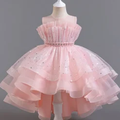 Flower Girl Dress Kid's Girls' Princess Dress Performance Wedding Party Elegant Beautiful Sequins Mesh Solid Color Sleeveless Crew Neck Light Pink White 4 years+