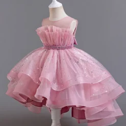 Flower Girl Dress Kid's Girls' Princess Dress Performance Wedding Party Elegant Beautiful Sequins Mesh Solid Color Sleeveless Crew Neck Light Pink White 4 years+