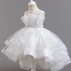 Flower Girl Dress Kid's Girls' Princess Dress Performance Wedding Party Elegant Beautiful Sequins Mesh Solid Color Sleeveless Crew Neck Light Pink White 4 years+