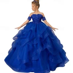 Flower Girl Dress Kid's Girls' Princess Dress Performance Wedding Party Elegant Beautiful Mesh Solid Color Sleeveless Off Shoulder Light Pink Wine Red 4 years+