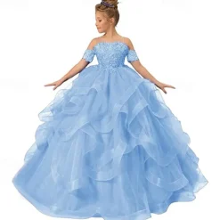 Flower Girl Dress Kid's Girls' Princess Dress Performance Wedding Party Elegant Beautiful Mesh Solid Color Sleeveless Off Shoulder Light Pink Wine Red 4 years+