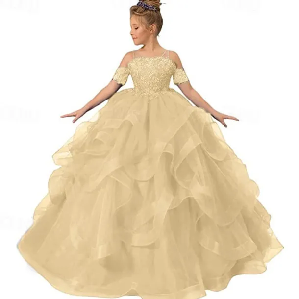 Flower Girl Dress Kid's Girls' Princess Dress Performance Wedding Party Elegant Beautiful Mesh Solid Color Sleeveless Off Shoulder Light Pink Wine Red 4 years+