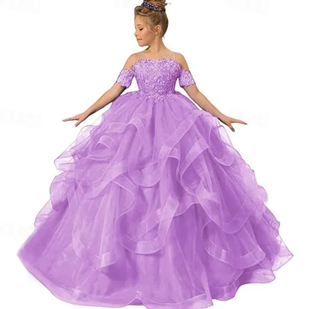 Flower Girl Dress Kid's Girls' Princess Dress Performance Wedding Party Elegant Beautiful Mesh Solid Color Sleeveless Off Shoulder Light Pink Wine Red 4 years+