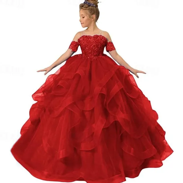 Flower Girl Dress Kid's Girls' Princess Dress Performance Wedding Party Elegant Beautiful Mesh Solid Color Sleeveless Off Shoulder Light Pink Wine Red 4 years+