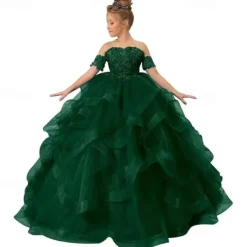 Flower Girl Dress Kid's Girls' Princess Dress Performance Wedding Party Elegant Beautiful Mesh Solid Color Sleeveless Off Shoulder Light Pink Wine Red 4 years+