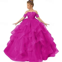 Flower Girl Dress Kid's Girls' Princess Dress Performance Wedding Party Elegant Beautiful Mesh Solid Color Sleeveless Off Shoulder Light Pink Wine Red 4 years+