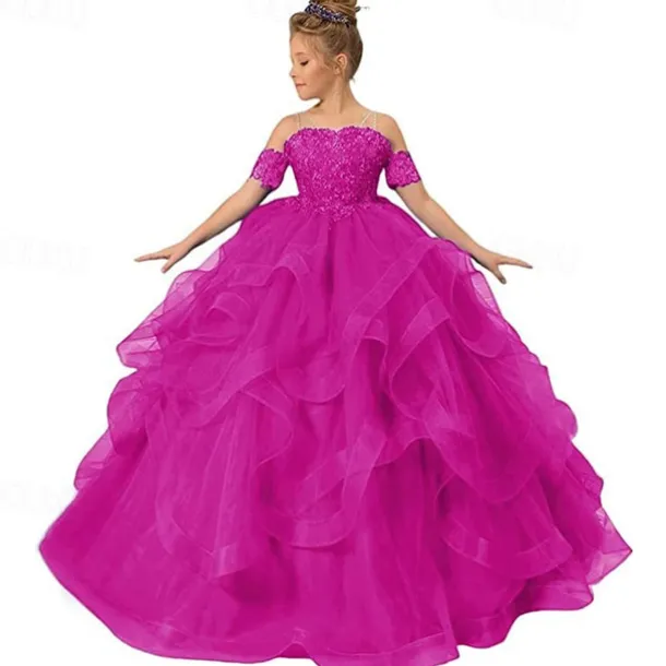 Flower Girl Dress Kid's Girls' Princess Dress Performance Wedding Party Elegant Beautiful Mesh Solid Color Sleeveless Off Shoulder Light Pink Wine Red 4 years+