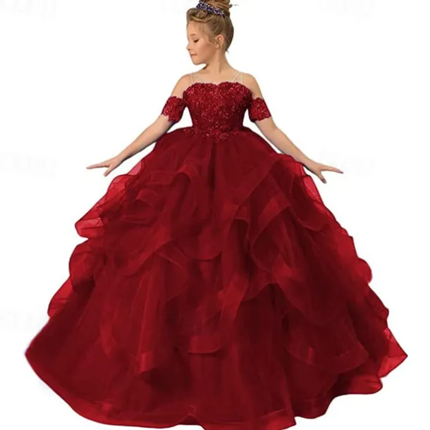 Flower Girl Dress Kid's Girls' Princess Dress Performance Wedding Party Elegant Beautiful Mesh Solid Color Sleeveless Off Shoulder Light Pink Wine Red 4 years+