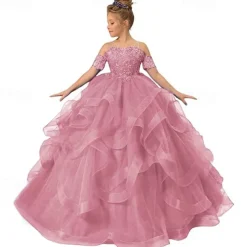 Flower Girl Dress Kid's Girls' Princess Dress Performance Wedding Party Elegant Beautiful Mesh Solid Color Sleeveless Off Shoulder Light Pink Wine Red 4 years+