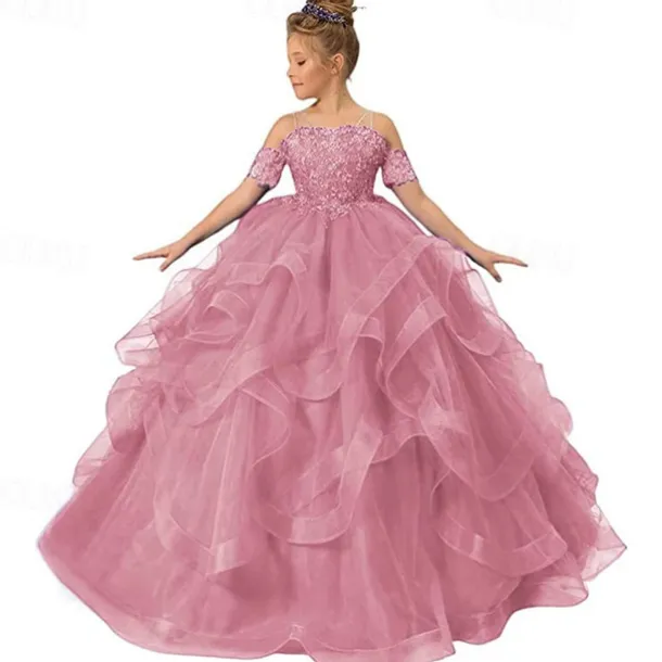 Flower Girl Dress Kid's Girls' Princess Dress Performance Wedding Party Elegant Beautiful Mesh Solid Color Sleeveless Off Shoulder Light Pink Wine Red 4 years+