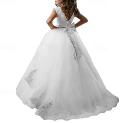 Flower Girl Dress Kid's Girls' Princess Dress First Communion Dress Performance Wedding Party Elegant Beautiful Mesh Solid Color Sleeveless Crew Neck Light Yellow White 4 years+