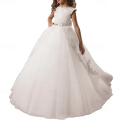 Flower Girl Dress Kid's Girls' Princess Dress First Communion Dress Performance Wedding Party Elegant Beautiful Mesh Solid Color Sleeveless Crew Neck Light Yellow White 4 years+