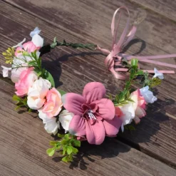 Flower Headband Rose Floral Boho Wreath Garland Hair Hoop Bohemian Headdress Headwear Headpiece Women Girls Crown Leaf Hair Bands Party Decoration Cosplay Costume Handmade Hair Accessories Champagne