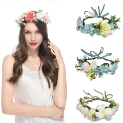 Flower Headband Rose Floral Boho Wreath Garland Hair Hoop Bohemian Headdress Headwear Headpiece Women Girls Crown Leaf Hair Bands Party Decoration Cosplay Costume Handmade Hair Accessories Champagne