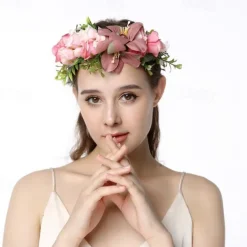 Flower Headband Rose Floral Boho Wreath Garland Hair Hoop Bohemian Headdress Headwear Headpiece Women Girls Crown Leaf Hair Bands Party Decoration Cosplay Costume Handmade Hair Accessories Champagne