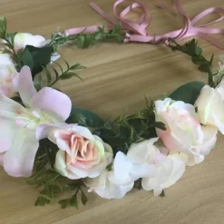 Flower Headband Rose Floral Boho Wreath Garland Hair Hoop Bohemian Headdress Headwear Headpiece Women Girls Crown Leaf Hair Bands Party Decoration Cosplay Costume Handmade Hair Accessories Champagne