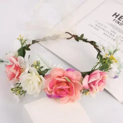 Flower Headband Rose Floral Boho Wreath Garland Hair Hoop Bohemian Headdress Headwear Headpiece Women Girls Crown Leaf Hair Bands Party Decoration Cosplay Costume Handmade Hair Accessories Champagne