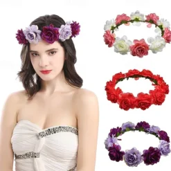 Flower Headband Rose Floral Boho Wreath Garland Hair Hoop Bohemian Headdress Headwear Headpiece Women Girls Crown Leaf Hair Bands Party Decoration Cosplay Costume Handmade Hair Accessories Champagne