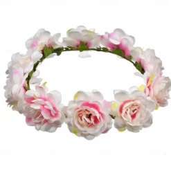 Flower Headband Rose Floral Boho Wreath Garland Hair Hoop Bohemian Headdress Headwear Headpiece Women Girls Crown Leaf Hair Bands Party Decoration Cosplay Costume Handmade Hair Accessories Champagne