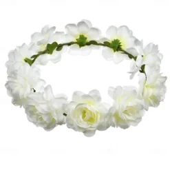 Flower Headband Rose Floral Boho Wreath Garland Hair Hoop Bohemian Headdress Headwear Headpiece Women Girls Crown Leaf Hair Bands Party Decoration Cosplay Costume Handmade Hair Accessories Champagne